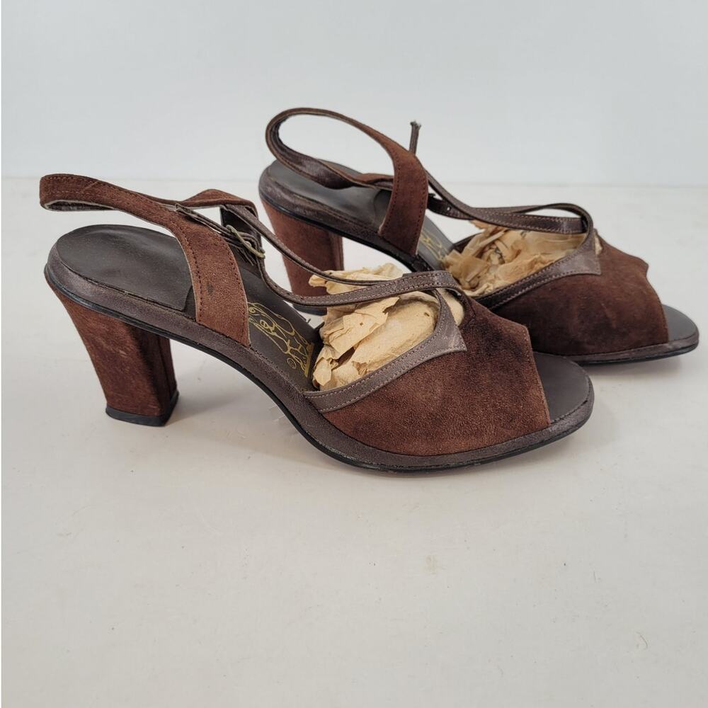 Hush Puppies Sandals Suede Chunky Heel Vintage 70s Retro Open Toe Shoes Hippie - Picture 5 of 13
